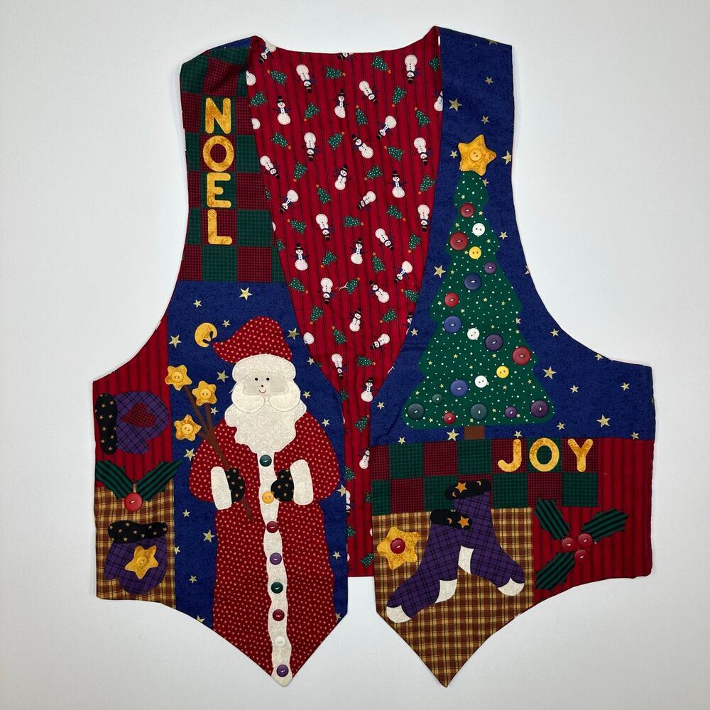 Handmade Ugly Christmas Vest with Buttons and Santa/Snowman Appliqués Size XL